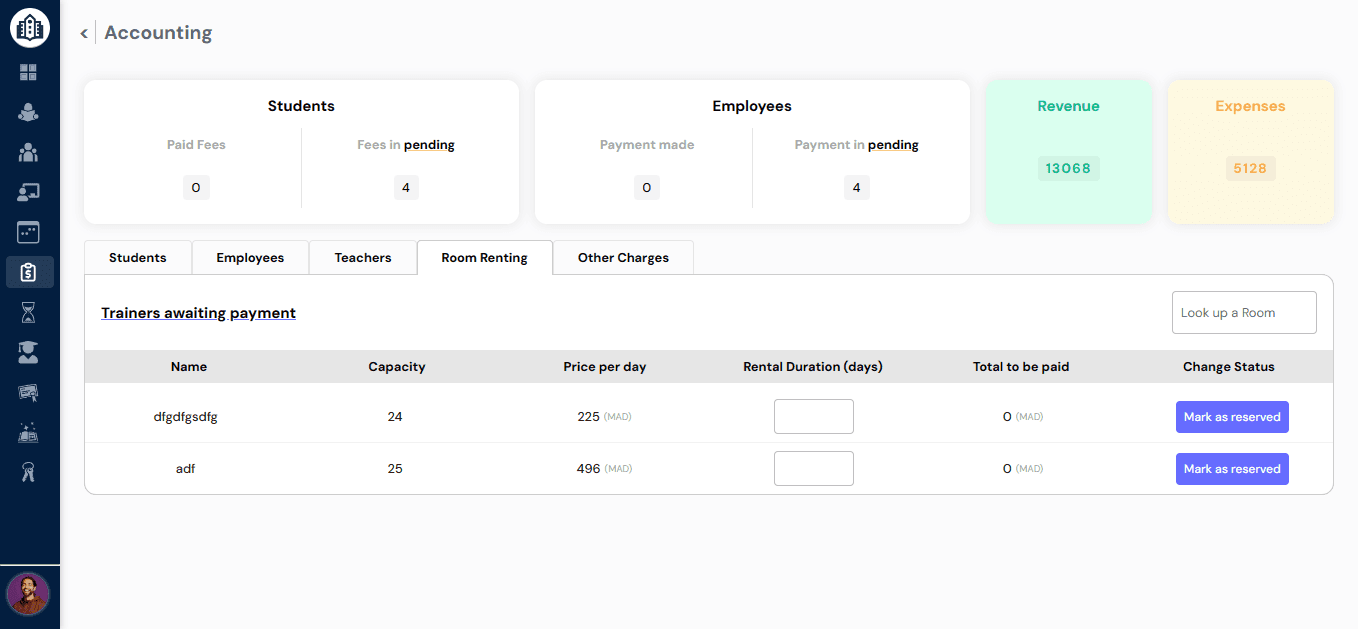 School Manager accounting page room renting panel