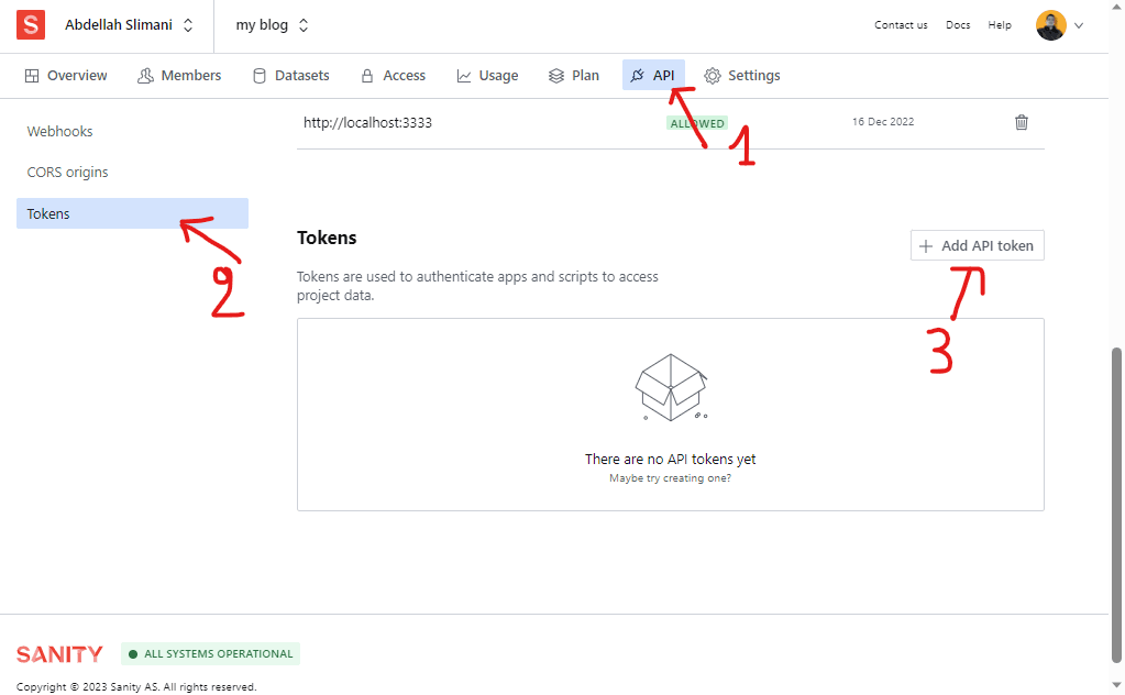 API token location in Sanity project dashboard