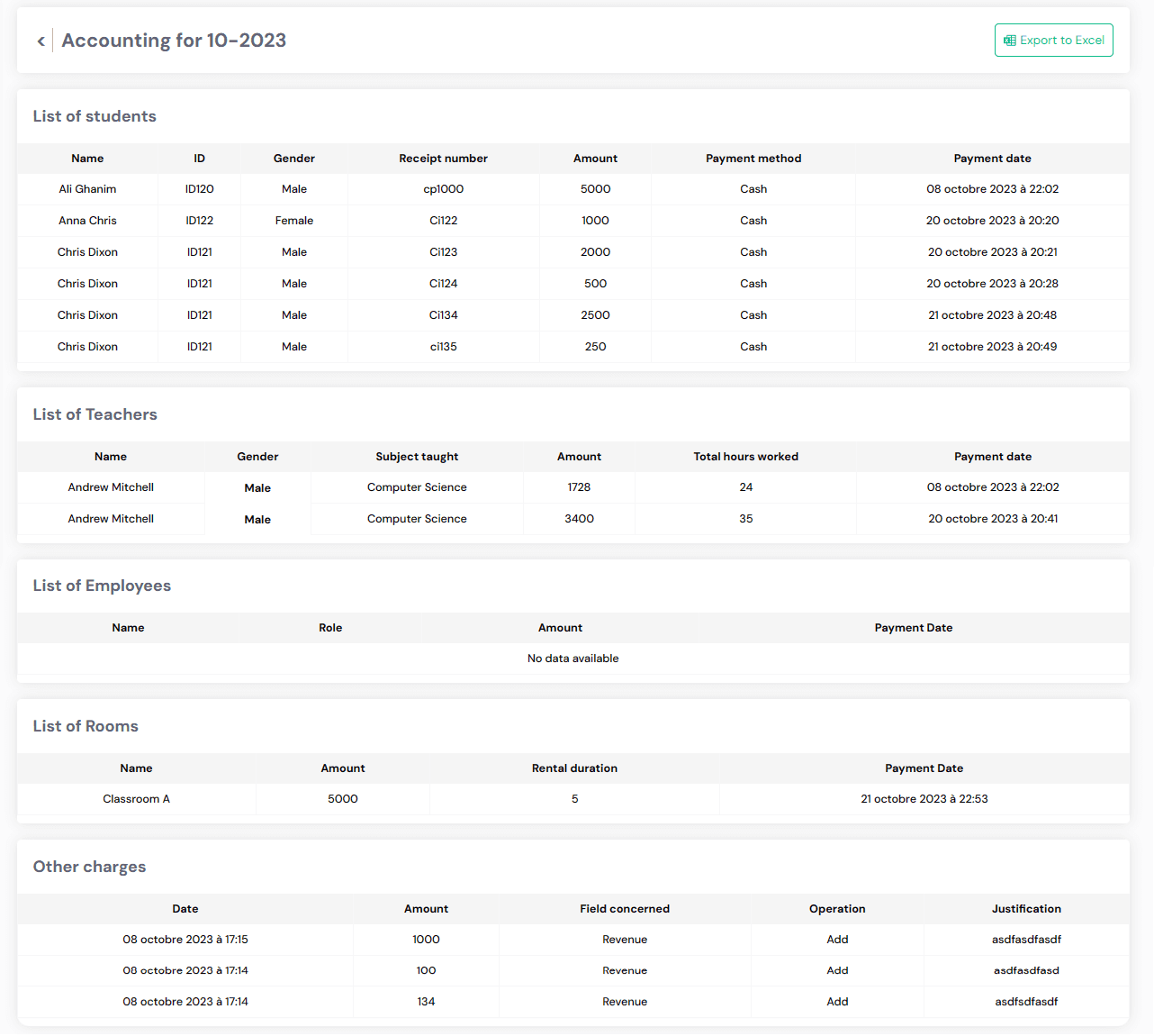 School Manager accouting record page