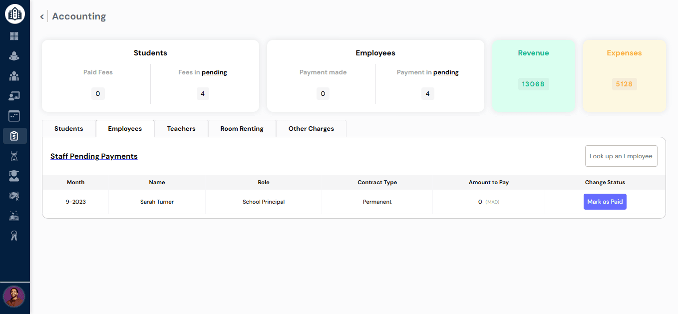 School Manager accounting page employees panel
