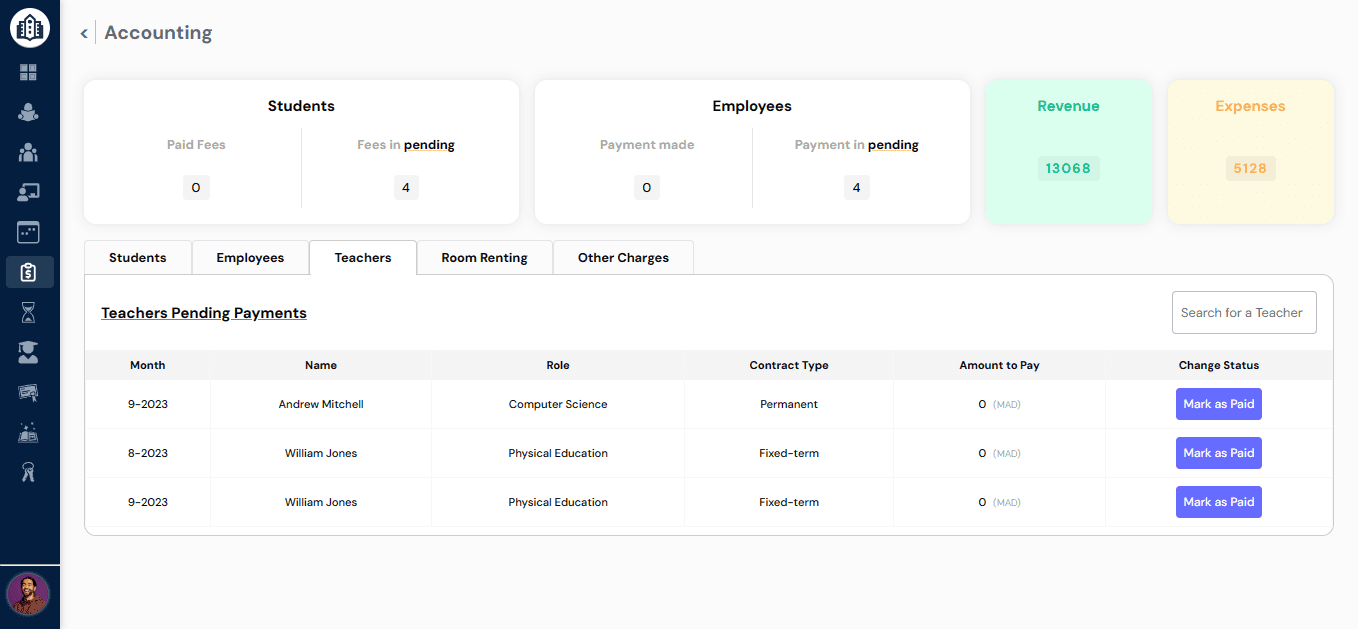 School Manager accounting page teachers panel