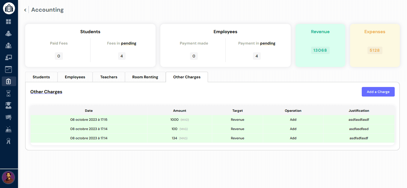 School Manager accounting page other charges panel